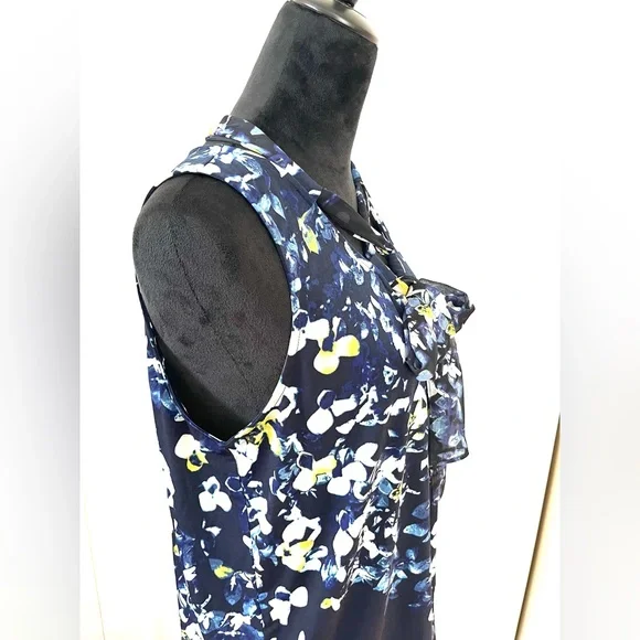 Ellen Tracy Blue Trellis Blossom Ink Tie Neck Top Sleeveless sz Large - Picture 4 of 15